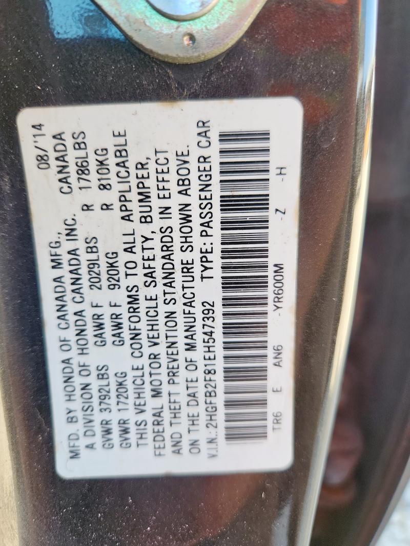 2HGFB2F81EH547392 - 2014 HONDA CIVIC EX BLACK photo 13