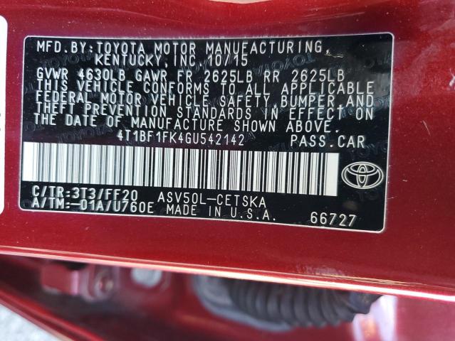4T1BF1FK4GU542142 - 2016 TOYOTA CAMRY LE BURGUNDY photo 12