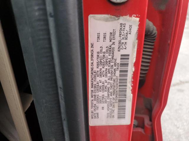 5TEGM92N74Z423437 - 2004 TOYOTA TACOMA DOUBLE CAB PRERUNNER RED photo 12