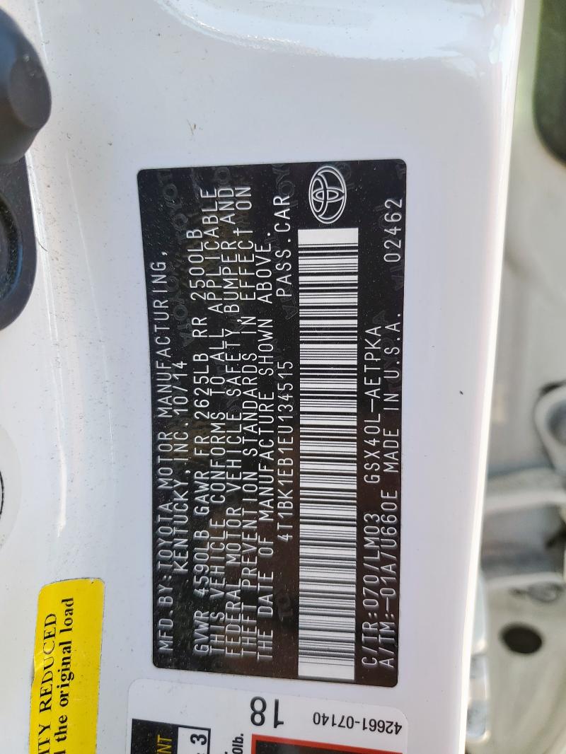 4T1BK1EB1EU134515 - 2014 TOYOTA AVALON BASE Білий фото 12