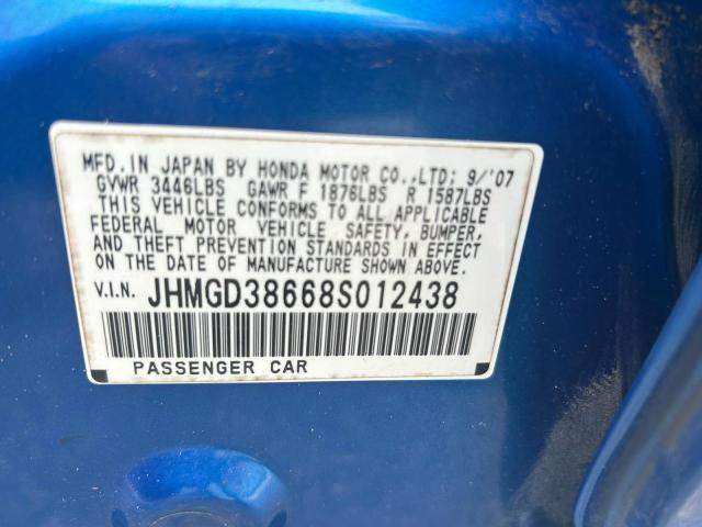 JHMGD38668S012438 - 2008 HONDA FIT SPORT BLUE photo 10