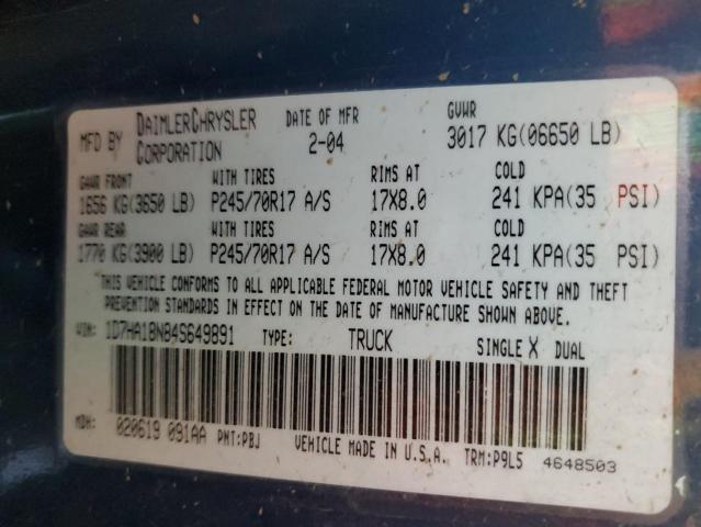 1D7HA18N84S649891 - 2004 DODGE RAM 1500 ST BLUE photo 12