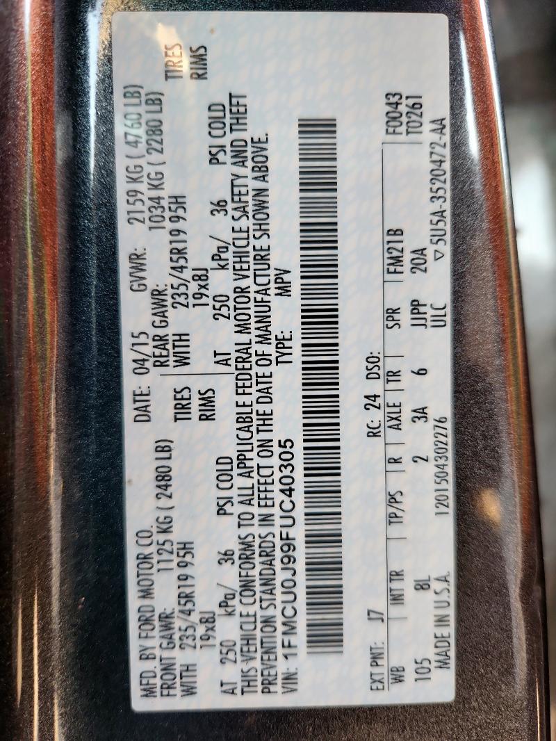 1FMCU0J99FUC40305 - 2015 FORD ESCAPE TITANIUM Сұр фото 13