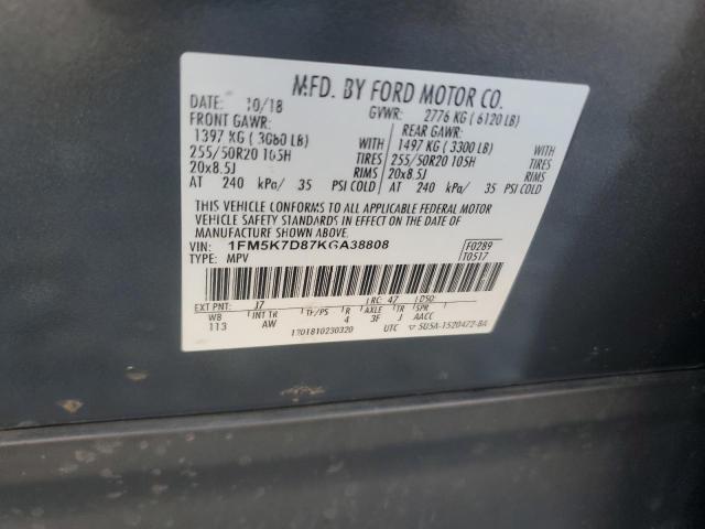 1FM5K7D87KGA38808 - 2019 FORD EXPLORER XLT ნაცრისფერი ფოტო 13