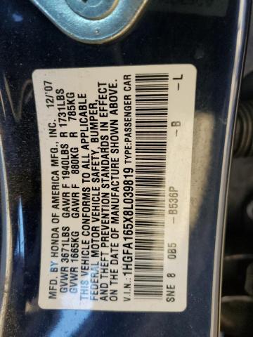 1HGFA165X8L039819 - 2008 HONDA CIVIC LX BLUE photo 12