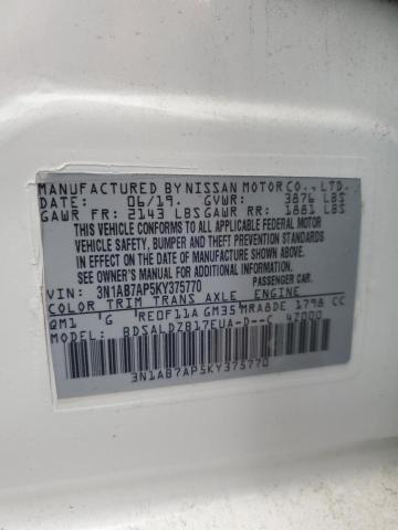 3N1AB7AP5KY375770 - 2019 NISSAN SENTRA S 白色 照片 12