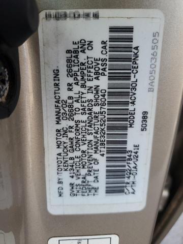 4T1BE32K52U576040 - 2002 TOYOTA CAMRY LE GOLD photo 12