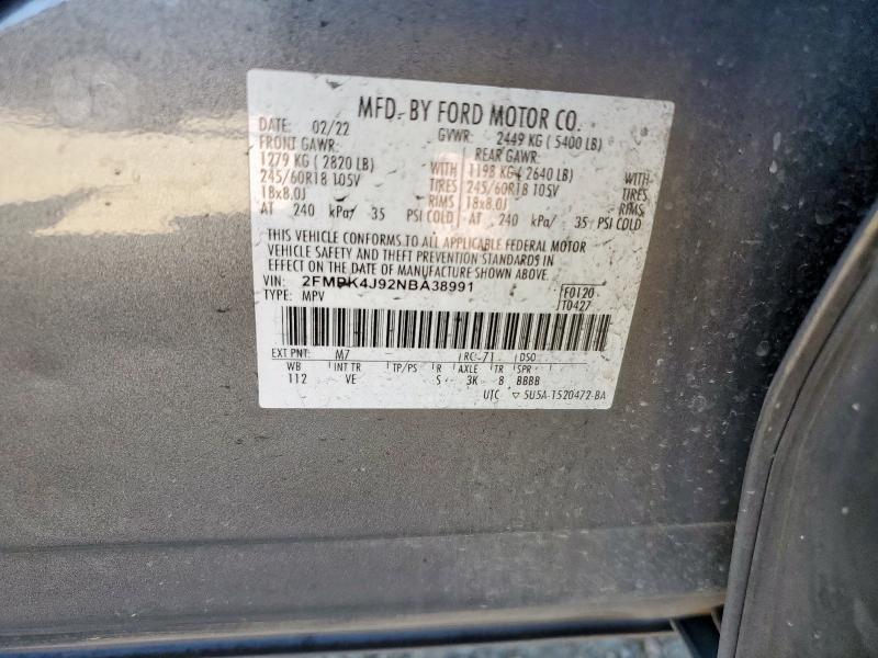 2FMPK4J92NBA38991 - 2022 FORD EDGE SEL GRAY photo 12