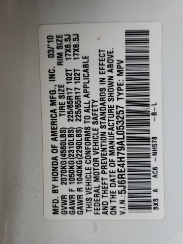 5J6RE4H79AL053257 - 2010 HONDA CR-V EXL WHITE photo 13