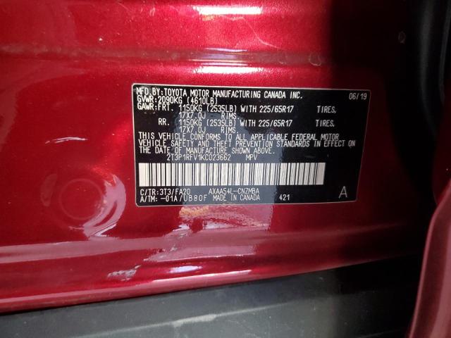 2T3P1RFV1KC023662 - 2019 TOYOTA RAV4 XLE 红色 照片 12