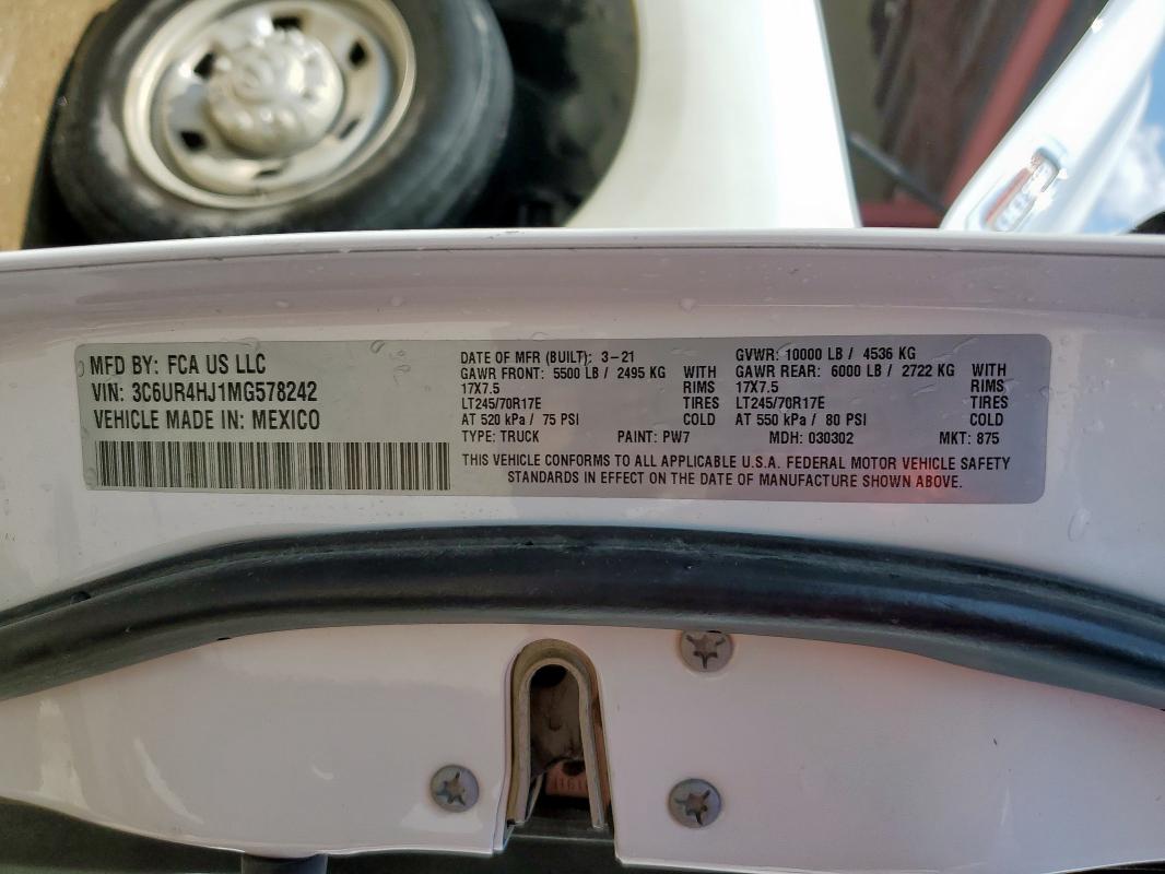 3C6UR4HJ1MG578242 - 2021 RAM 2500 TRADESMAN WHITE photo 13