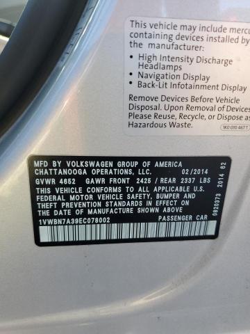 1VWBN7A39EC078002 - 2014 VOLKSWAGEN PASSAT SE ვერცხლისფერი ფოტო 12