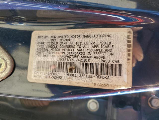 1NXBR12E51Z421618 - 2001 TOYOTA COROLLA CE ლურჯი ფოტო 12