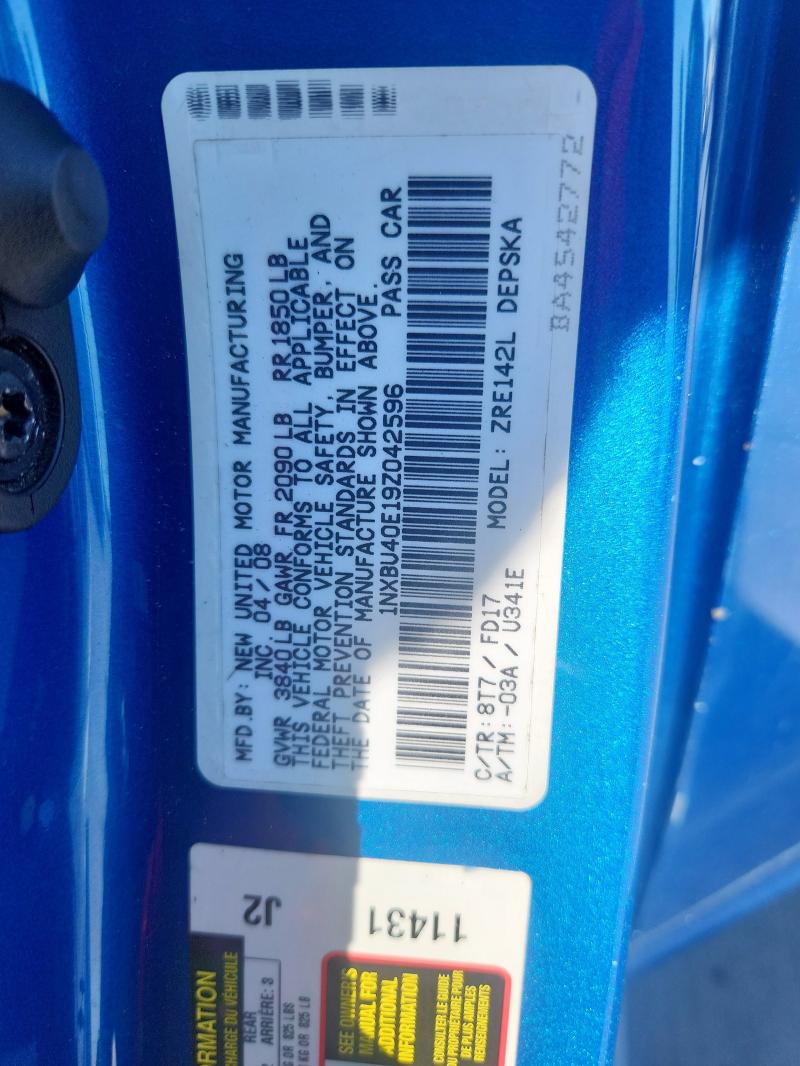 1NXBU40E19Z042596 - 2009 TOYOTA COROLLA BASE أزرق صورة 12