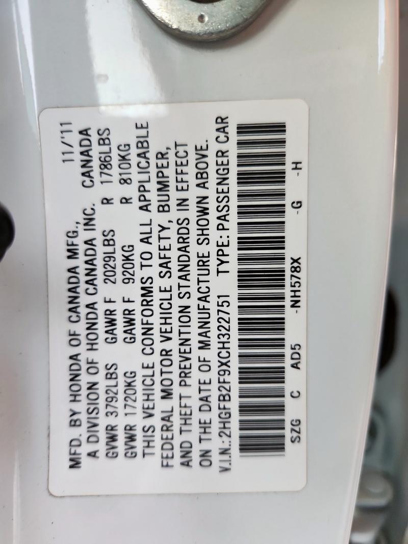 2HGFB2F9XCH322751 - 2012 HONDA CIVIC EXL Ağ foto 12