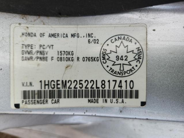 1HGEM22522L817410 - 2002 HONDA CIVIC LX SILVER photo 12