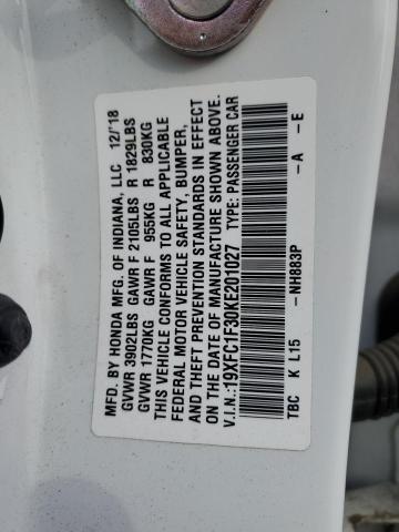 19XFC1F30KE201027 - 2019 HONDA CIVIC EX Blanc photo 12