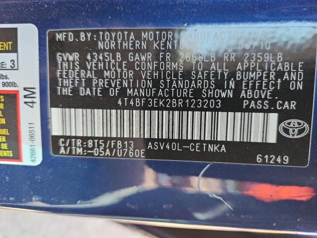 4T4BF3EK2BR123203 - 2011 TOYOTA CAMRY BASE BLUE photo 12