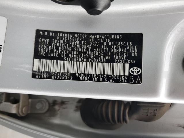 5YFBURHE8HP603538 - 2017 TOYOTA COROLLA L ვერცხლისფერი ფოტო 13