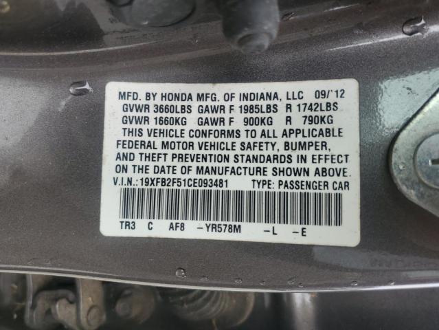 19XFB2F51CE093481 - 2012 HONDA CIVIC LX GRAY photo 12