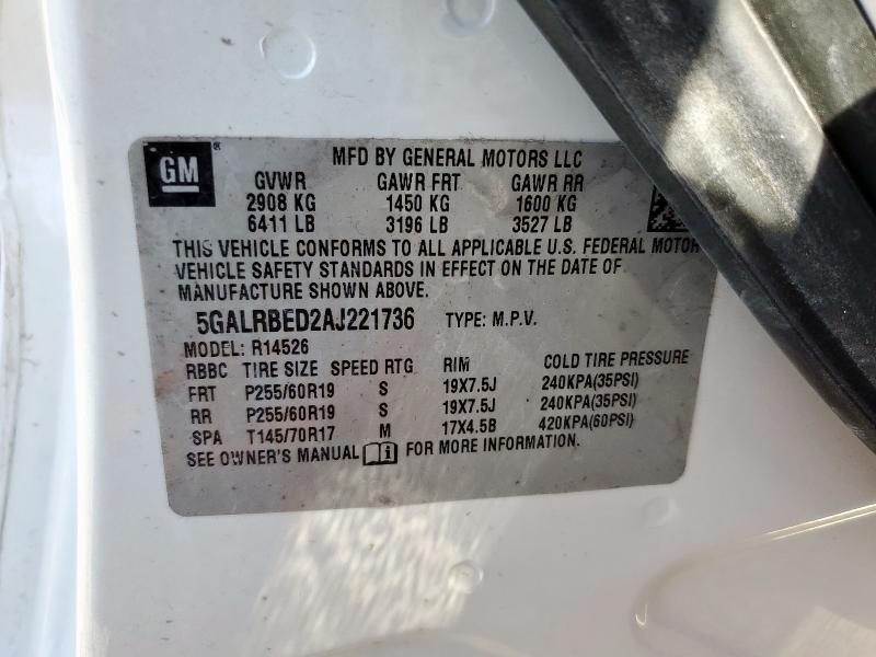 5GALRBED2AJ221736 - 2010 BUICK ENCLAVE CXL WHITE photo 12