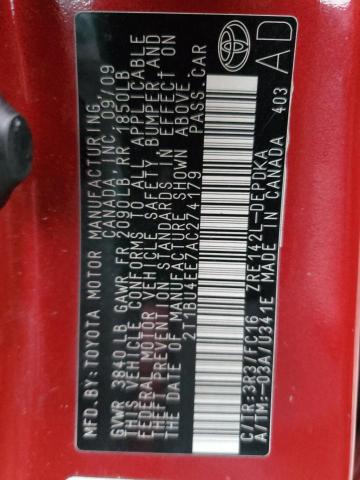 2T1BU4EE7AC274179 - 2010 TOYOTA COROLLA BASE წითელი ფოტო 12