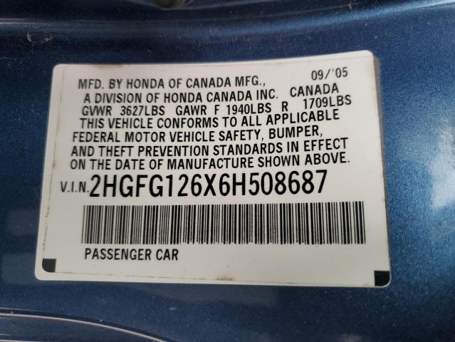 2HGFG126X6H508687 - 2006 HONDA CIVIC LX BLUE photo 12