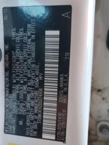 5TDBK3EH2DS274936 - 2013 TOYOTA HIGHLANDER BASE Білий фото 14