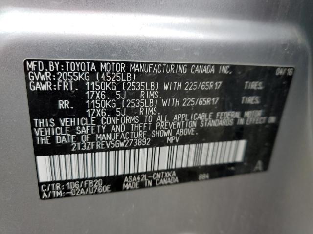 2T3ZFREV5GW273892 - 2016 TOYOTA RAV4 LE SILVER photo 13