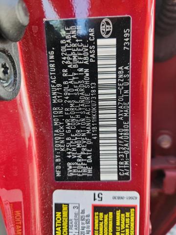 4T1B11HK0KU731813 - 2019 TOYOTA CAMRY L RED photo 12