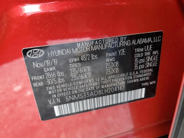 5NMS33AD8LH204147 - 2020 HYUNDAI SANTA FE SEL RED photo 13