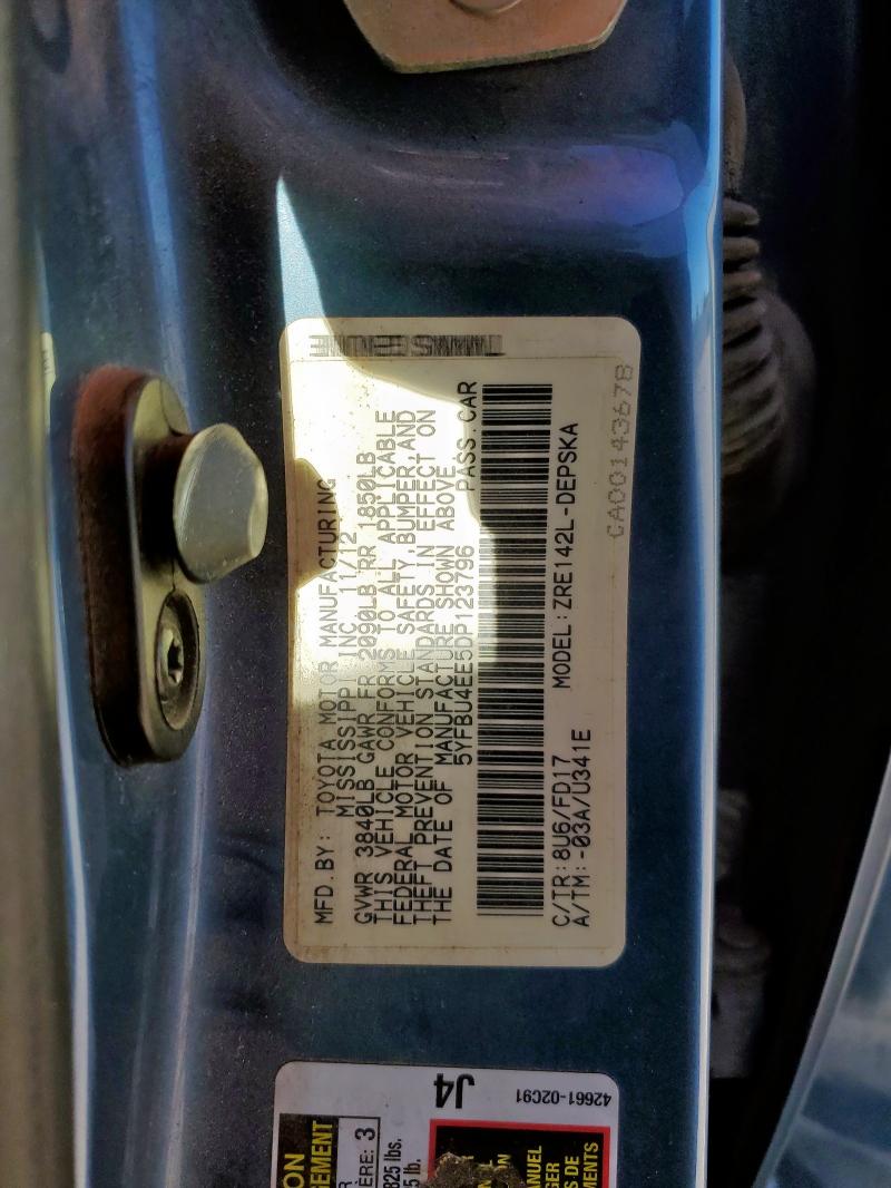 5YFBU4EE5DP123796 - 2013 TOYOTA COROLLA BASE ლურჯი ფოტო 12