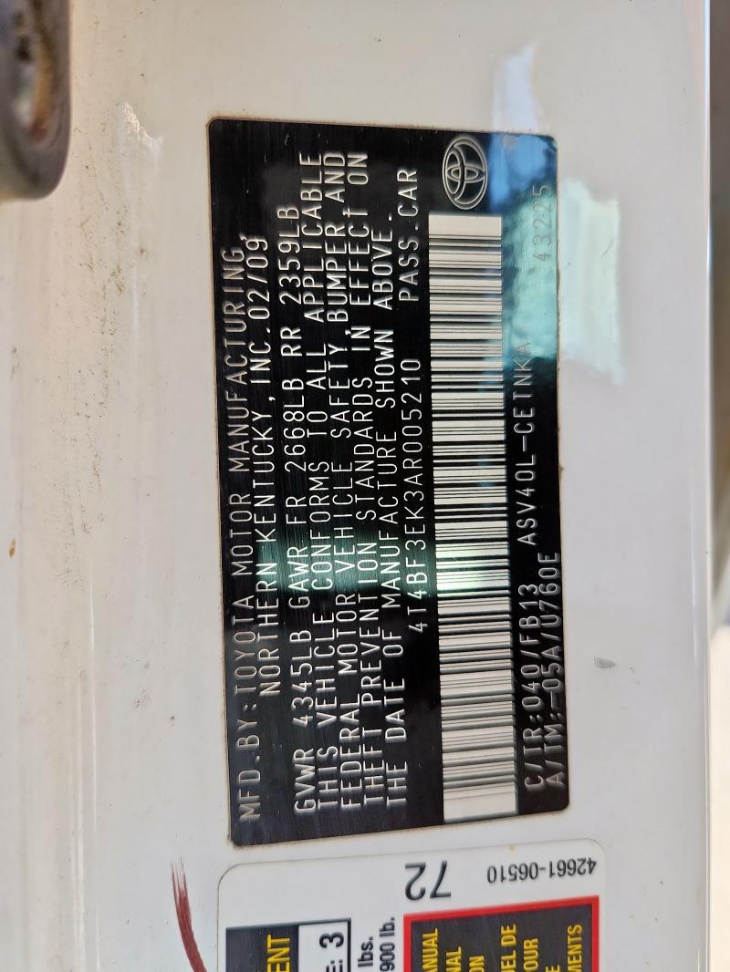 4T4BF3EK3AR005210 - 2010 TOYOTA CAMRY BASE WHITE photo 12