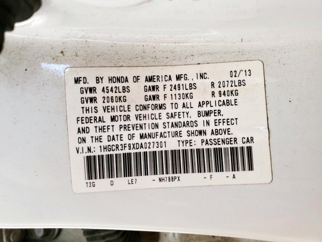 1HGCR3F9XDA027301 - 2013 HONDA ACCORD TOURING Ақ фото 12