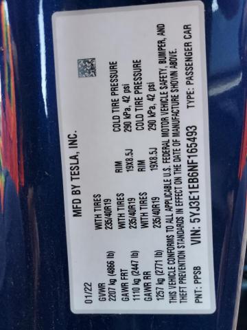 5YJ3E1EB6NF165493 - 2022 TESLA MODEL 3 Niebieski zdjęcie 13