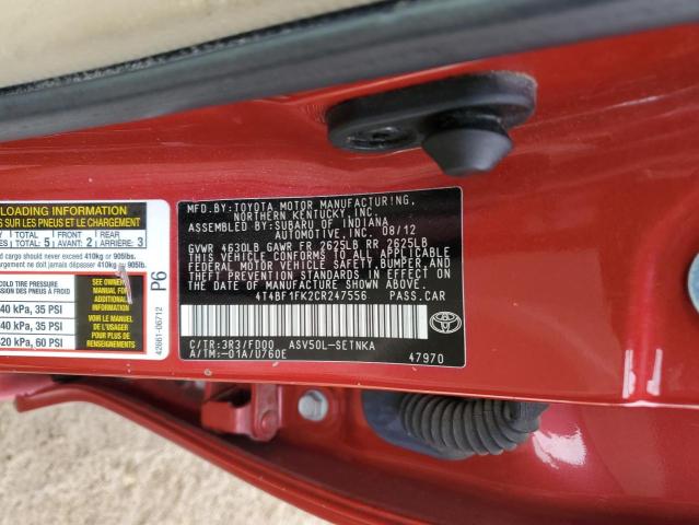 4T4BF1FK2CR247556 - 2012 TOYOTA CAMRY BASE RED photo 12