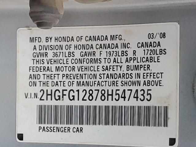 2HGFG12878H547435 - 2008 HONDA CIVIC EX SILVER photo 12