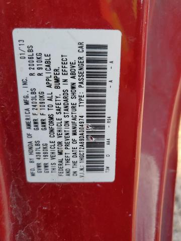 1HGCT2A89DA004974 - 2013 HONDA ACCORD EXL 红色 照片 12