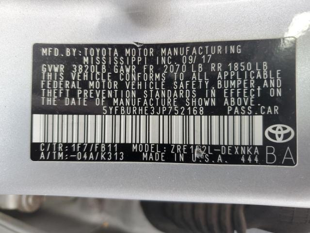 5YFBURHE3JP752168 - 2018 TOYOTA COROLLA L GRAY photo 12