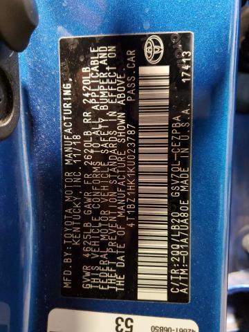 4T1BZ1HK1KU023787 - 2019 TOYOTA CAMRY XSE BLUE photo 12