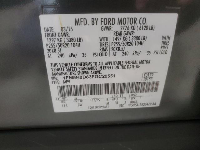 1FM5K8D83FGC20551 - 2015 FORD EXPLORER XLT CHARCOAL photo 13