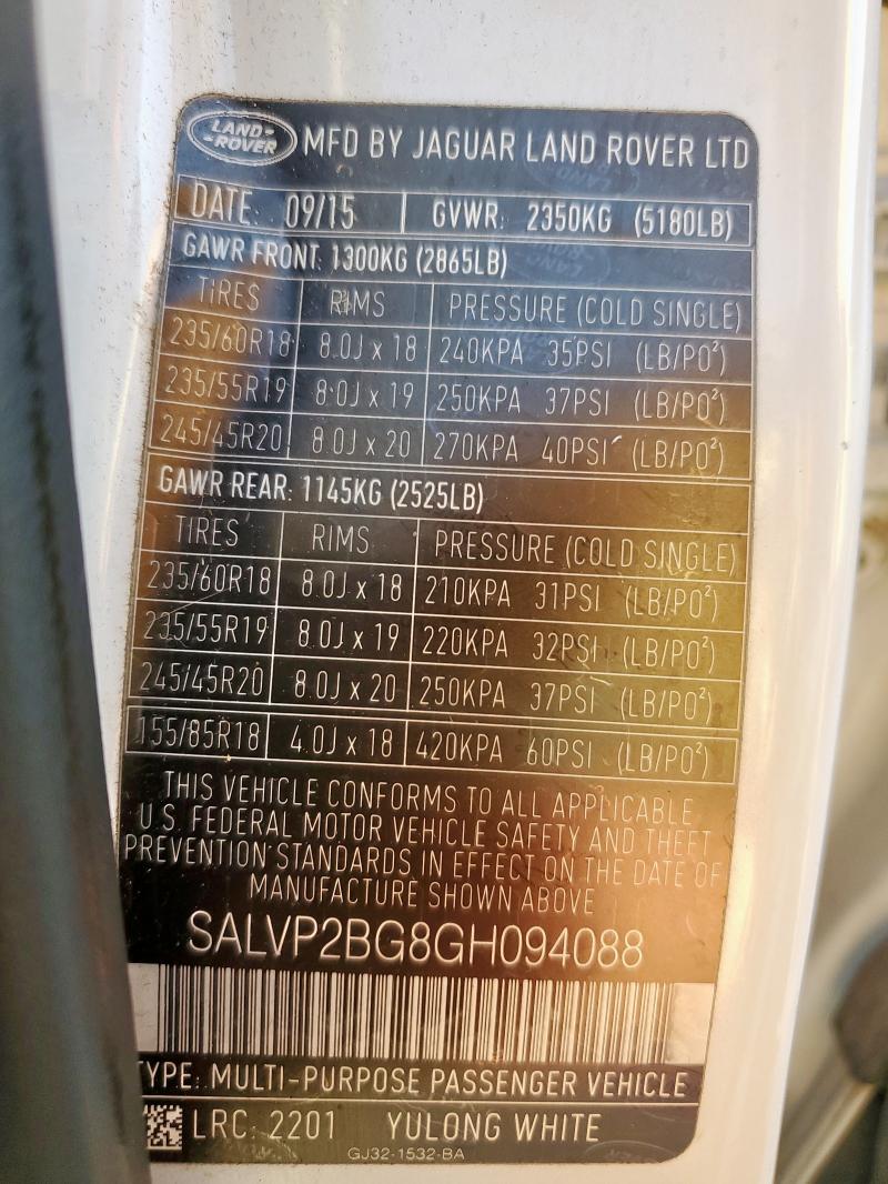 SALVP2BG8GH094088 - 2016 LAND ROVER RANGE ROVE SE WHITE photo 12