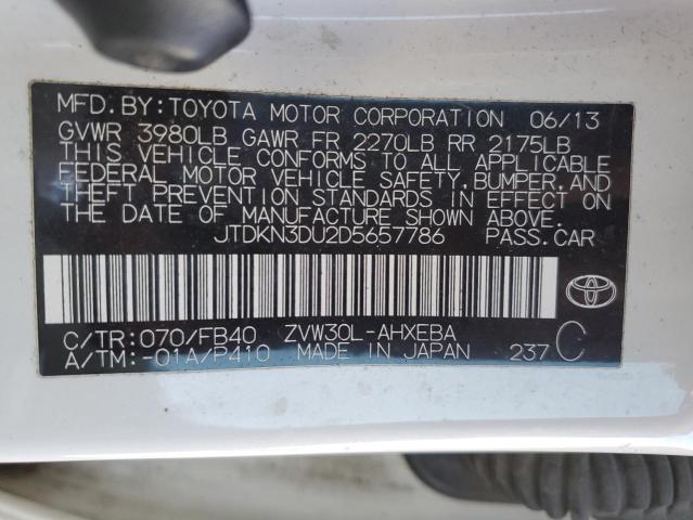 JTDKN3DU2D5657786 - 2013 TOYOTA PRIUS WHITE photo 12