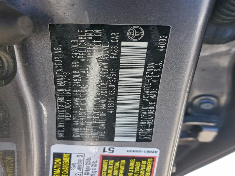 4T1B11HK6JU137645 - 2018 TOYOTA CAMRY L Grafito foto 12