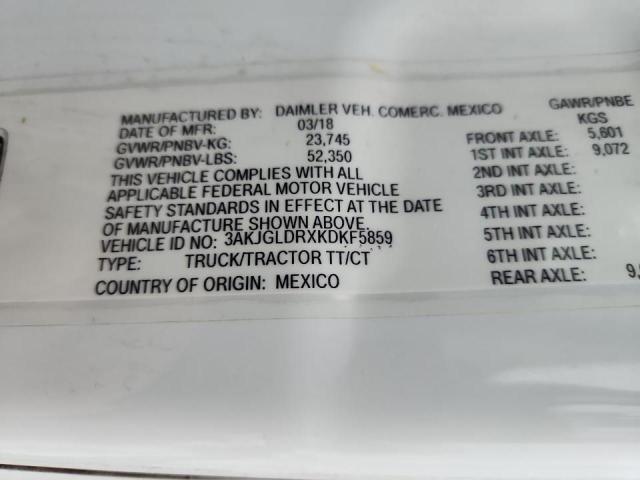 3AKJGLDRXXDKF5859 - 2019 FREIGHTLINER CASCADIA 1 Ağ foto 10