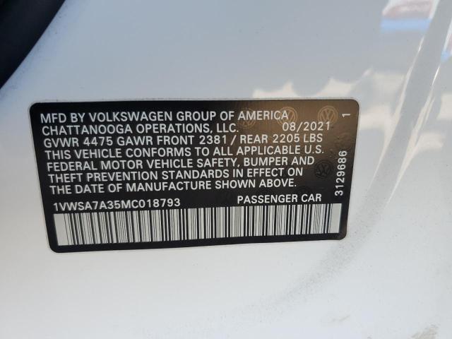 1VWSA7A35MC018793 - 2021 VOLKSWAGEN PASSAT SE WHITE photo 12
