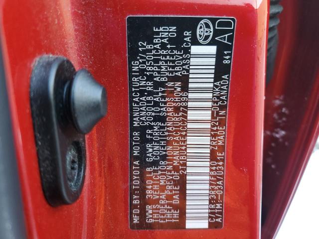 2T1BU4EE4CC777896 - 2012 TOYOTA COROLLA BASE RED photo 12