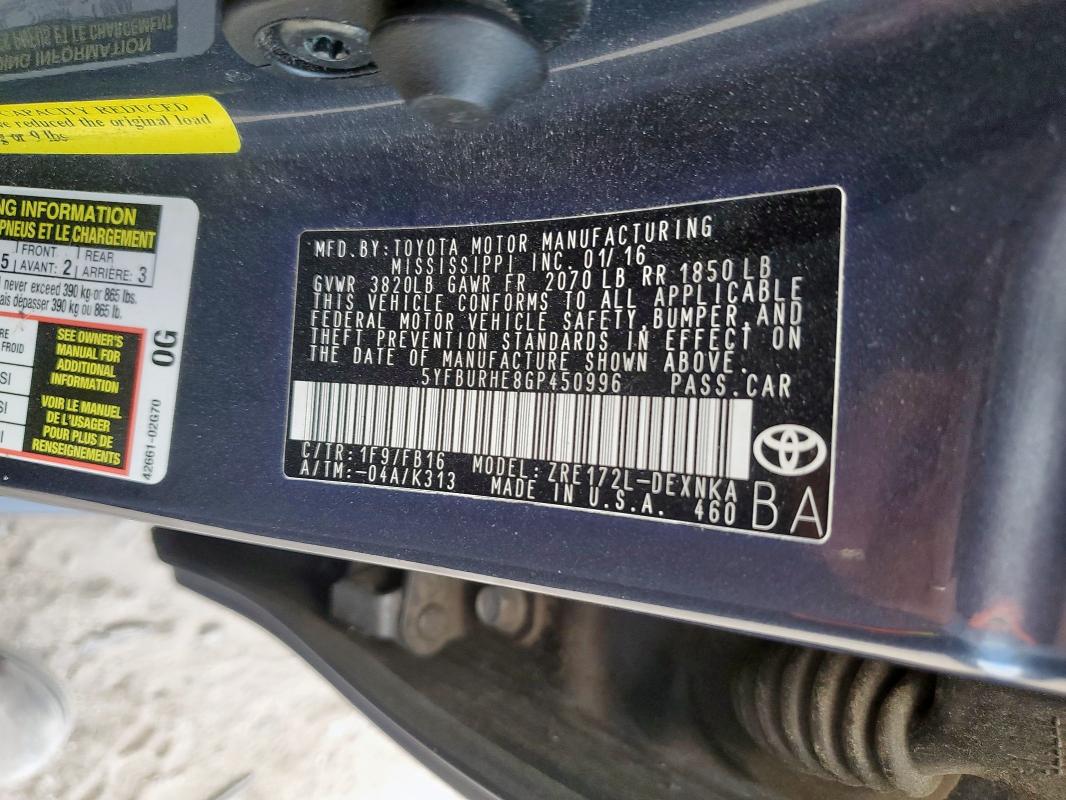 5YFBURHE8GP450996 - 2016 TOYOTA COROLLA L 蓝色 照片 13