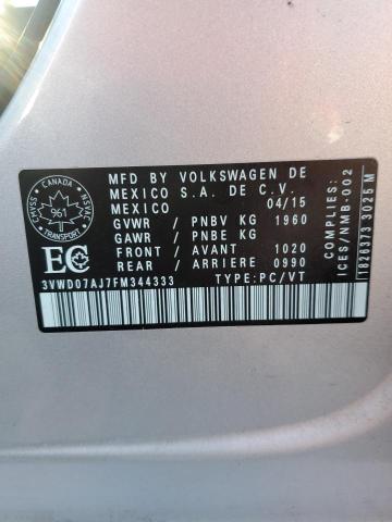 3VWD07AJ7FM344333 - 2015 VOLKSWAGEN JETTA SE 银色 照片 12