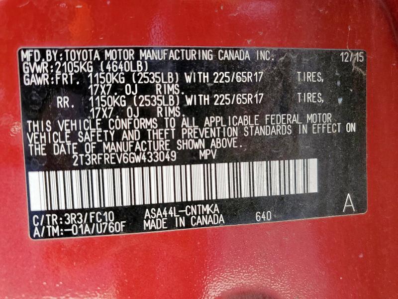 2T3RFREV6GW433049 - 2016 TOYOTA RAV4 XLE 红色 照片 12